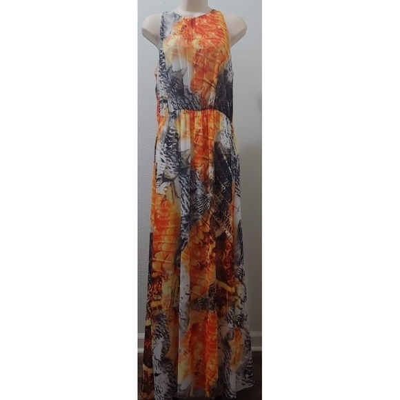 H&M Women's Maxi Dress 6 Orange Gray Feather Print Sleeveless Long Summer Gown - Picture 2 of 10